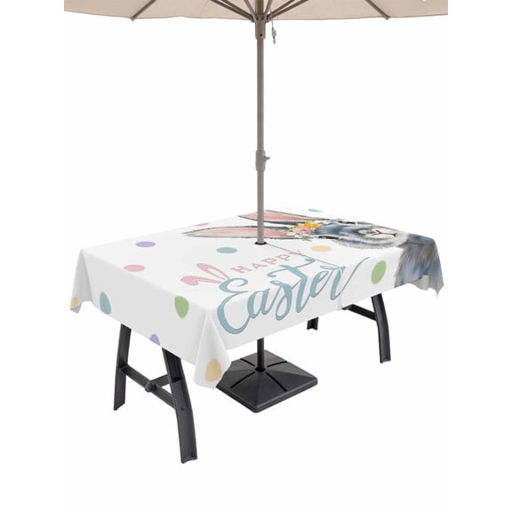 Happy Easter Outdoor Tablecloth - 60x84 Inch Rectangle Dining Table Cover, Spring Rabbits Polka Dots Watercolor Waterproof Outdoor Table Cloth with Umbrella Hole & Zipper for Picnic/Patio/Party