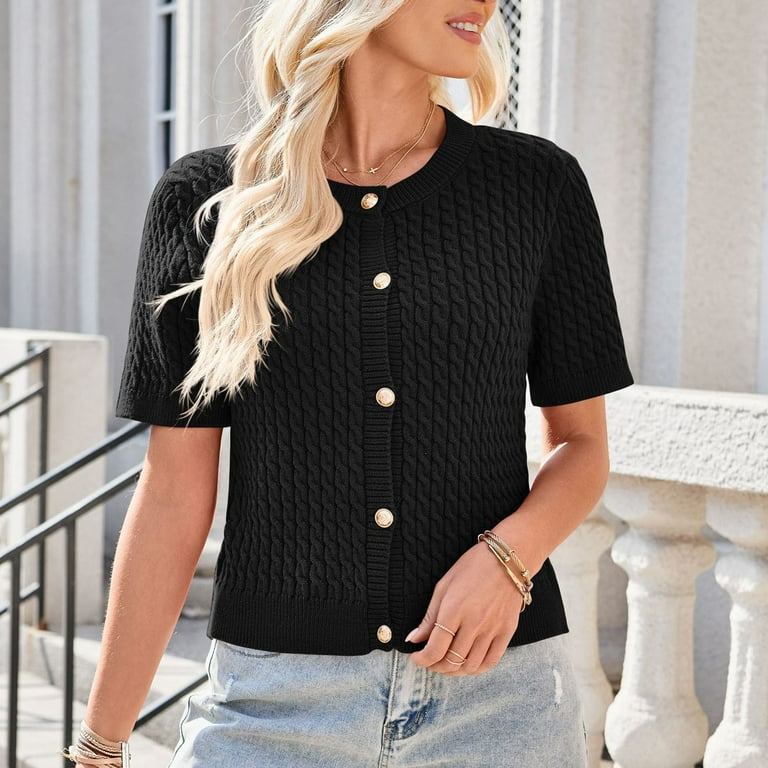 2025 Women Summer Short Sleeve Cardigans Cable Knit Cropped Button