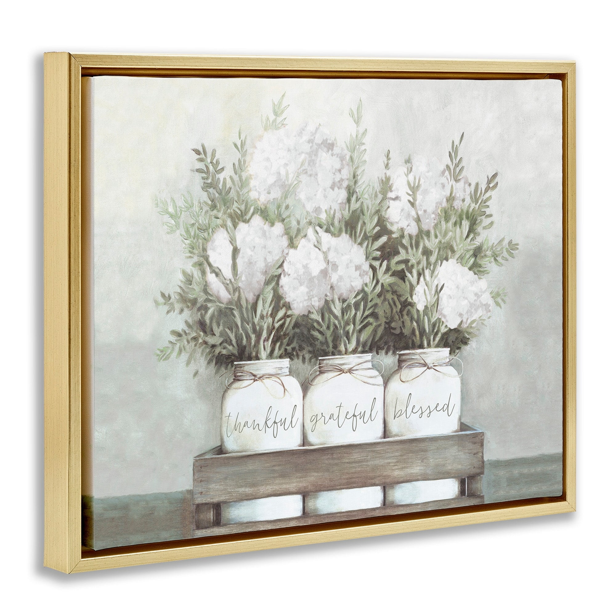 Stupell Industries Pristine Hydrangea Bouquets Thankful Grateful Blessed Sentiment Metallic Gold Framed Floating Canvas Wall Art, 24x30, by Dogwood Portfolio
