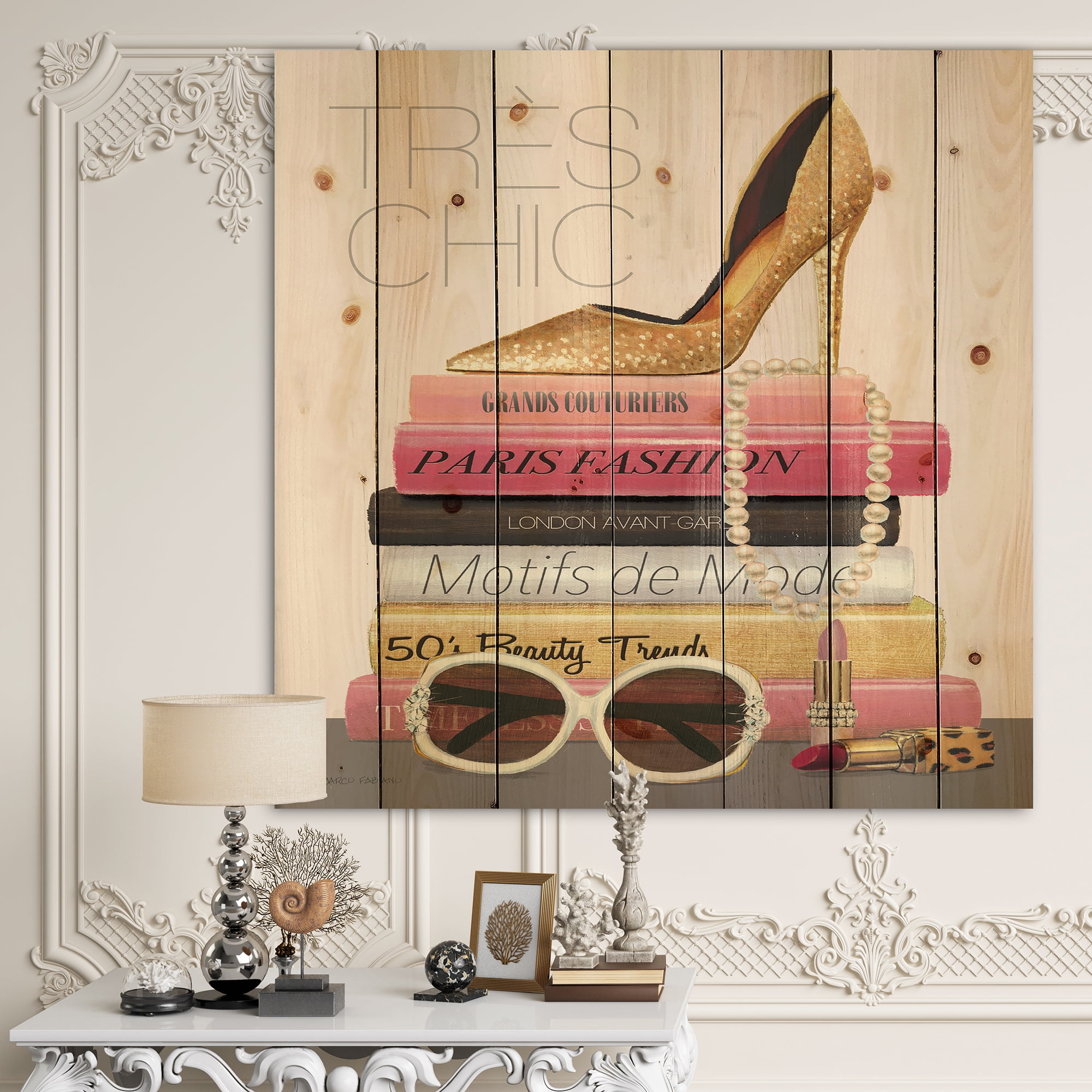 Designart 'Paris Style II Gold and Black Tres Chic' Posh & Luxe Print on Natural Pine Wood
