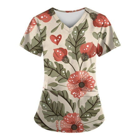 

Alrise Pink Summer Plus Size Scrubs Top for Women Fashion Print Short Sleeve T-Shirt V-Neck Pockets Workwear Blouse Small
