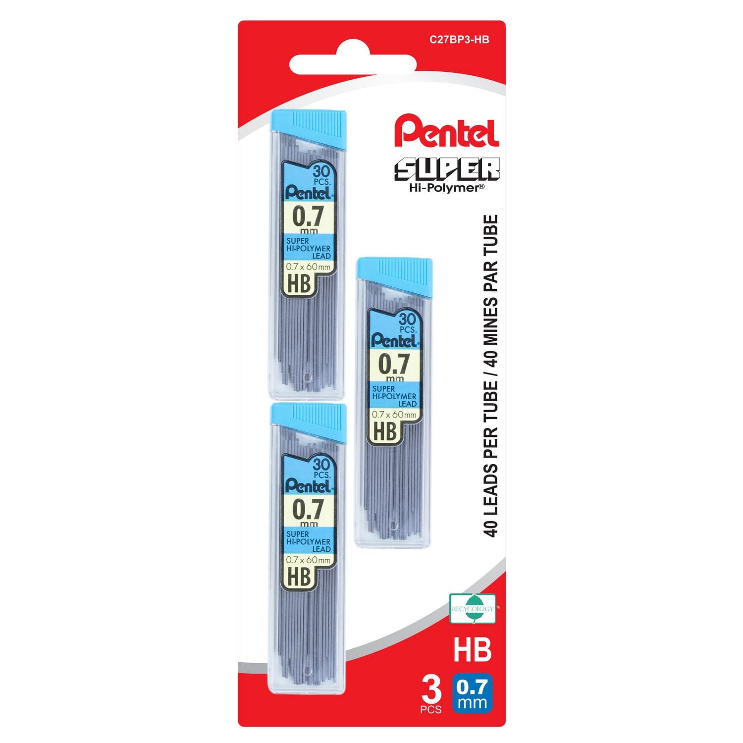 Pentel Super Hi-Polymer Mines de Recharge, 30 Mines par Tube, HB, 0,7mm, 3PC Paque