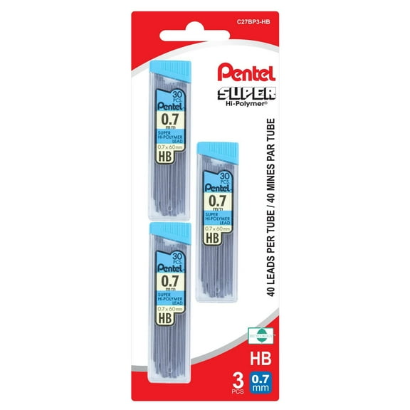Pentel Super Hi-Polymer Lead Refills, 30 Leads per Tube, HB, 0.7mm, 3PC pack