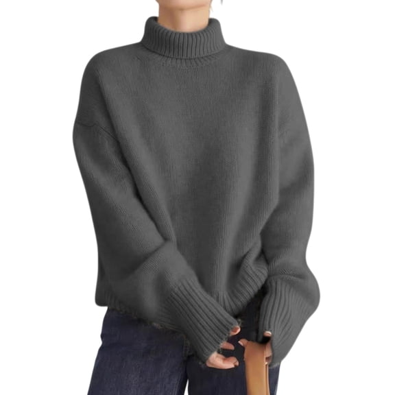 Womens Mock Neck Sweaters Oversized Chunky Long Sleeve Knit High Low Hem Pullover Top Fall Winter Fashion Dark Gray L