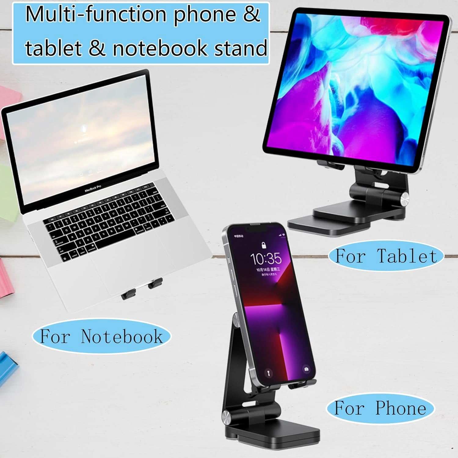 NEOYFC for Cell Phone Stand,Laptop Stand, Adjustable Height and Angle Foldable Cell Phone Stand Holder for Desk, Taller for iPhone Stand Compatible with 4-11" Smartphones iPad Tablet Laptop (Black)