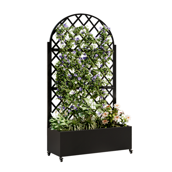 Raised Round Metal Garden Bed with Trellis & Privacy Screen, Portable Planter Box with 4 Wheels for Climbing Plants and Vegetables