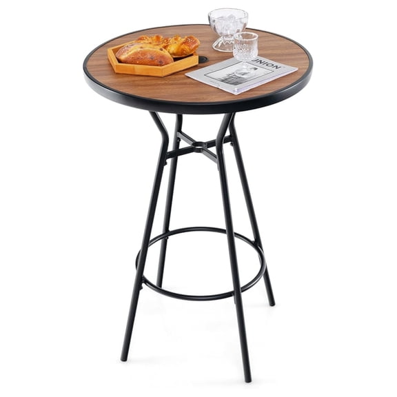 Patio Bar Table with Umbrella Hole, 28” Outdoor Bar Height Table with Faux Wooden Top, Footrest, Patio Bistro Table for Poolside, Backyard, Garden