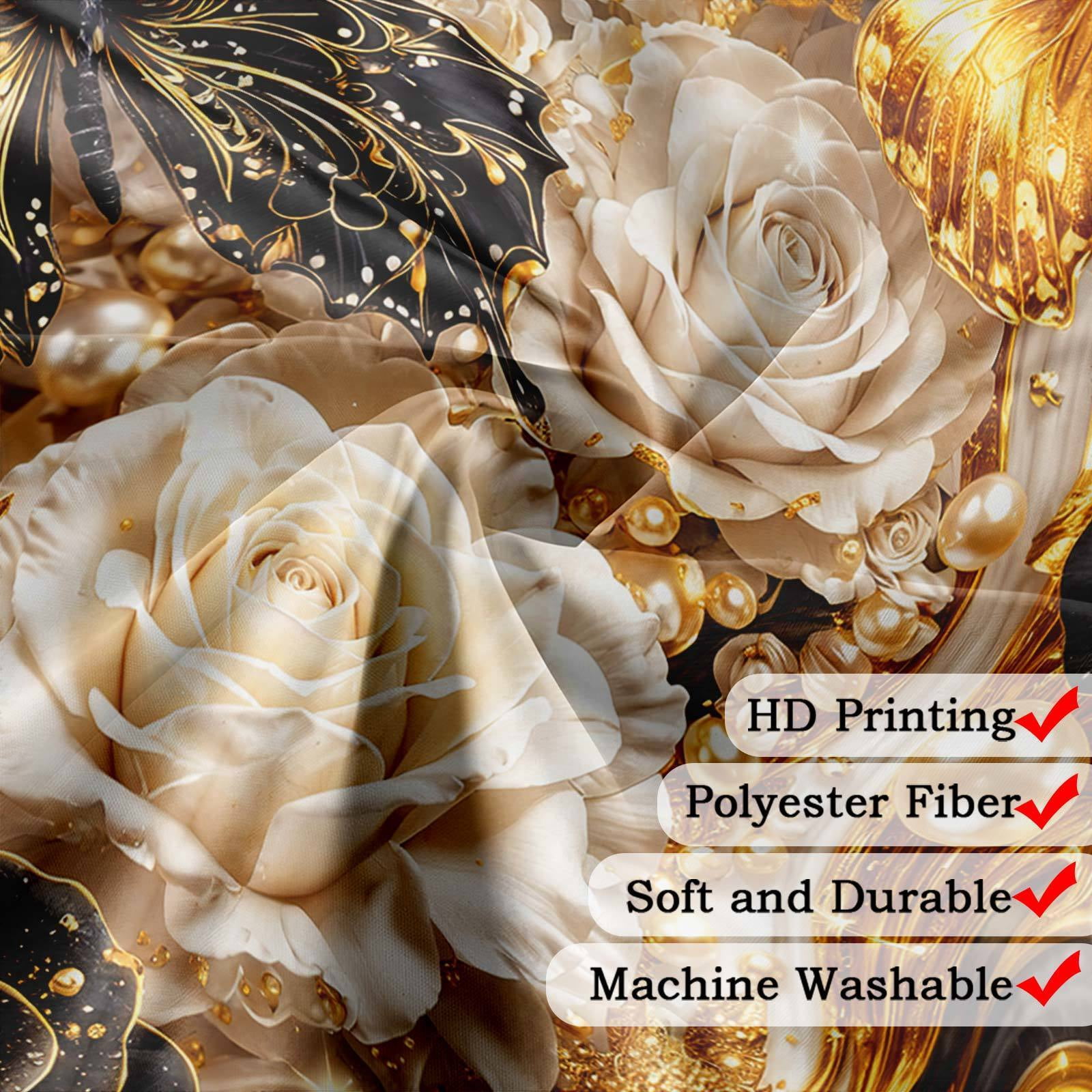 Luxury Black and Gold Butterfly Floral Shower Curtain, Elegant Marble Rose Modern Texture Shower Curtains for Bathroom Decor, Elegant Golden Fluid Aesthetic Bath Curtain Set with Hooks, 48X70IN