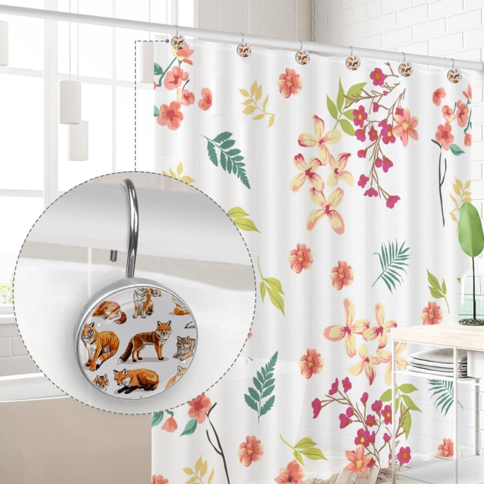 Foxes Tigers Wolf Shower Curtain Hooks Round Crystal Glass, Set of 12 Shower Curtain Rings - Shower Hooks for Curtain Shower Rings