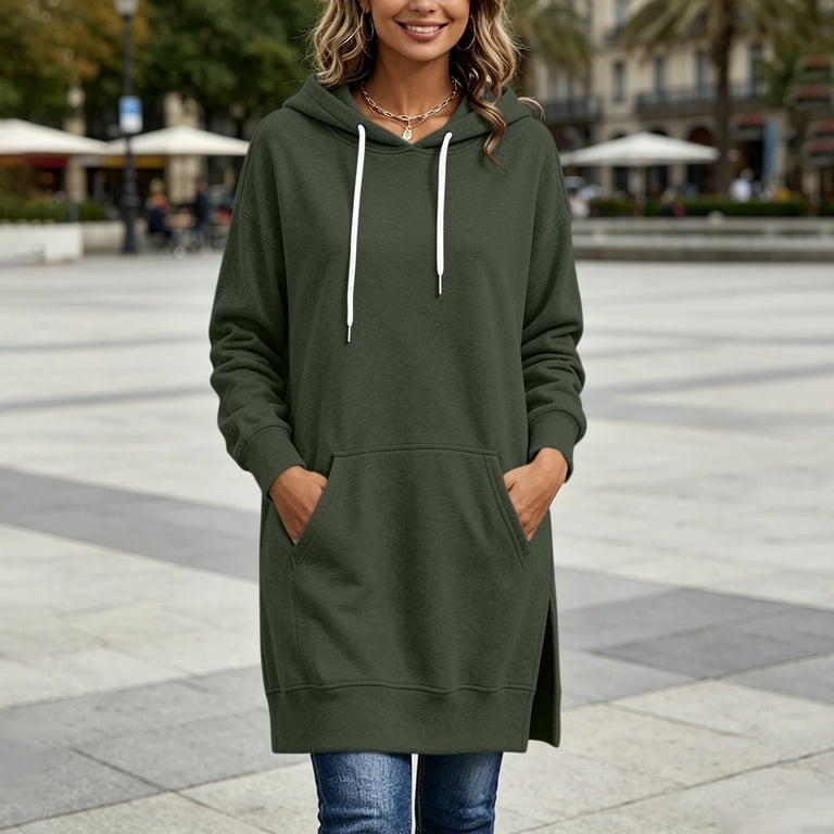 army green hoodie dress Lutiedan Hoodie Dress for Women Oversized Casual Split Hem Sweatshirts Long Sleeve Tunic Pullover Sweatshirt with Pocket,Army Green, Women's, Size: