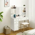 thumbnail image 2 of Vanity Desk Set – White & Gold – LED Lighted Mirror & 3-Color Dimmable Light – Power Outlet & Charging Ports – Storage Shelves, Drawers & Cabinet – Stool – Bedroom Makeup – White, 2 of 8