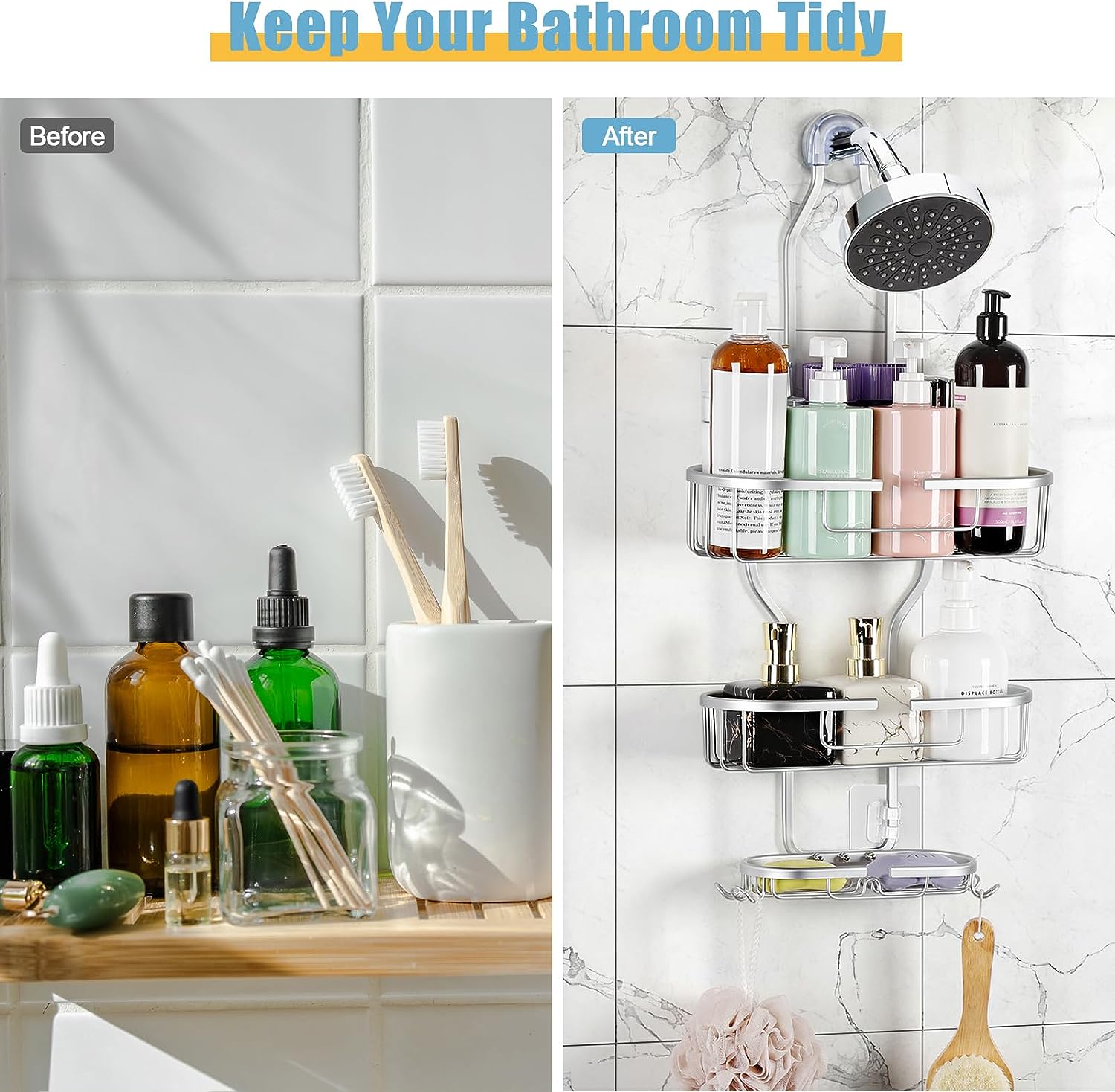 Over Shower Head Shower Caddy 3 Tier Hanging Organizer with Soap Holder and Hooks, Silver