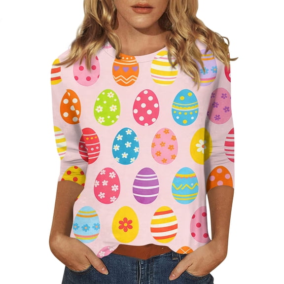 Easter Shirts for Women Three Quarter Length Bunny Eggs Printed T Shirt Crewneck Holiday Outfits Casual Tops Loose Fit Cute Dressy Shirts, #01 Pink, S