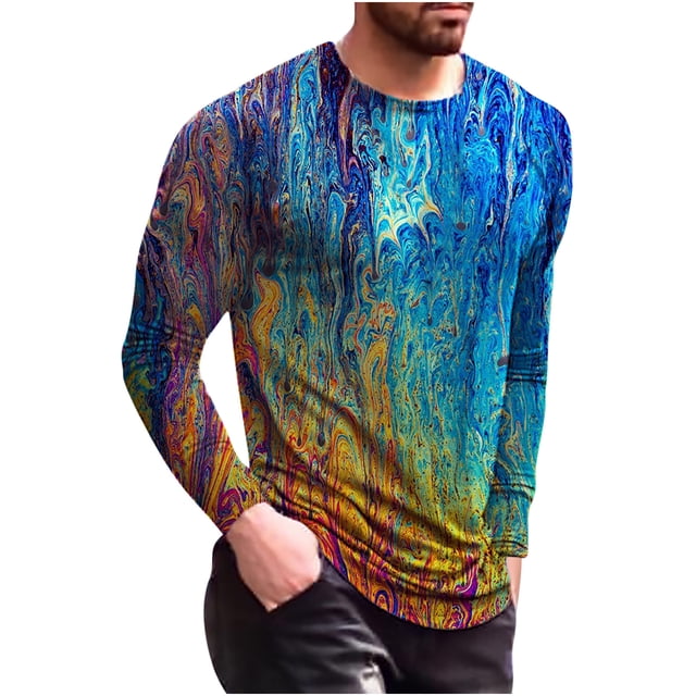 ICHUANYI Clearance Men's Long Sleeve Round Neck Print Color Fashion Casual T-Shirt Long Sleeve Top(Blue, XXL) Ichuanyi Ichuanyi