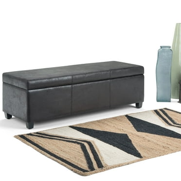 Simpli Home Avalon Faux Leather Storage Ottoman Bench in Black