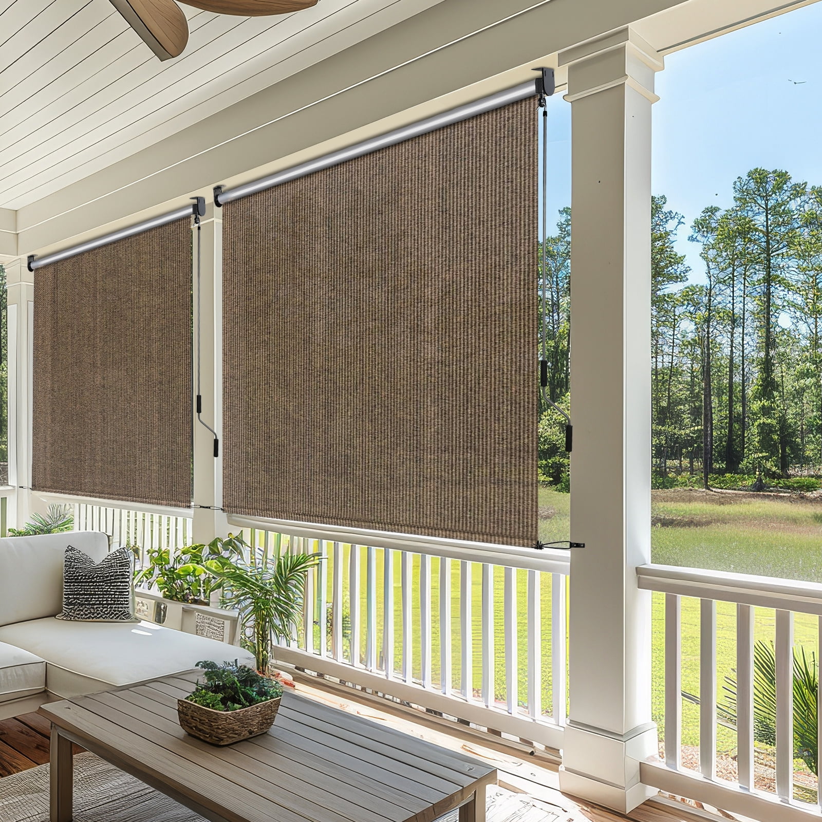 TLGREEN Outdoor Roller Sun Shade 8' x 8', HDPE Shade Cloth, Aluminum Tube（Brown）