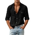 thumbnail image 2 of Men Linen Shirt Button Down Long Sleeve Cotton Beach Lapel Collar Casual Summer Vacation Shirts with Pocket Black-A, 2 of 8
