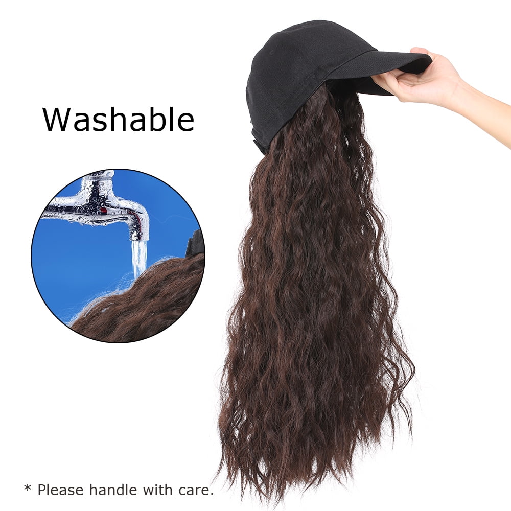 Black Baseball Cap With Synthetic Natural Wavy Hair Extensions