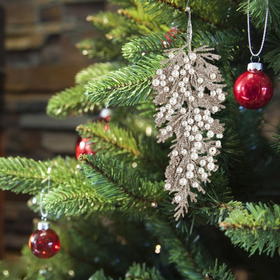 Zguuel Champagne Multi-Pearl Fir Branch Ornament B, Tree Hanging Decor with Pearl Accents, Festive Holiday Pendant for Xmas Tree, Home and Party Decoration