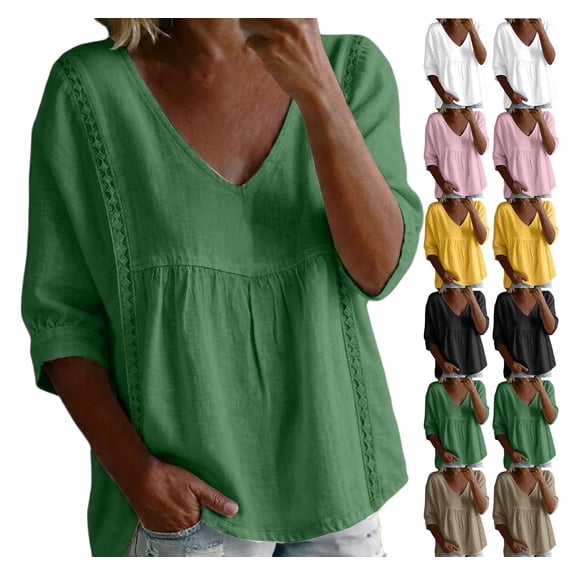 WAVSUF Womens Cropped Top V Neck Flowy 3/4 Sleeve Ruffle Hem Cotton Linen Blouse White M