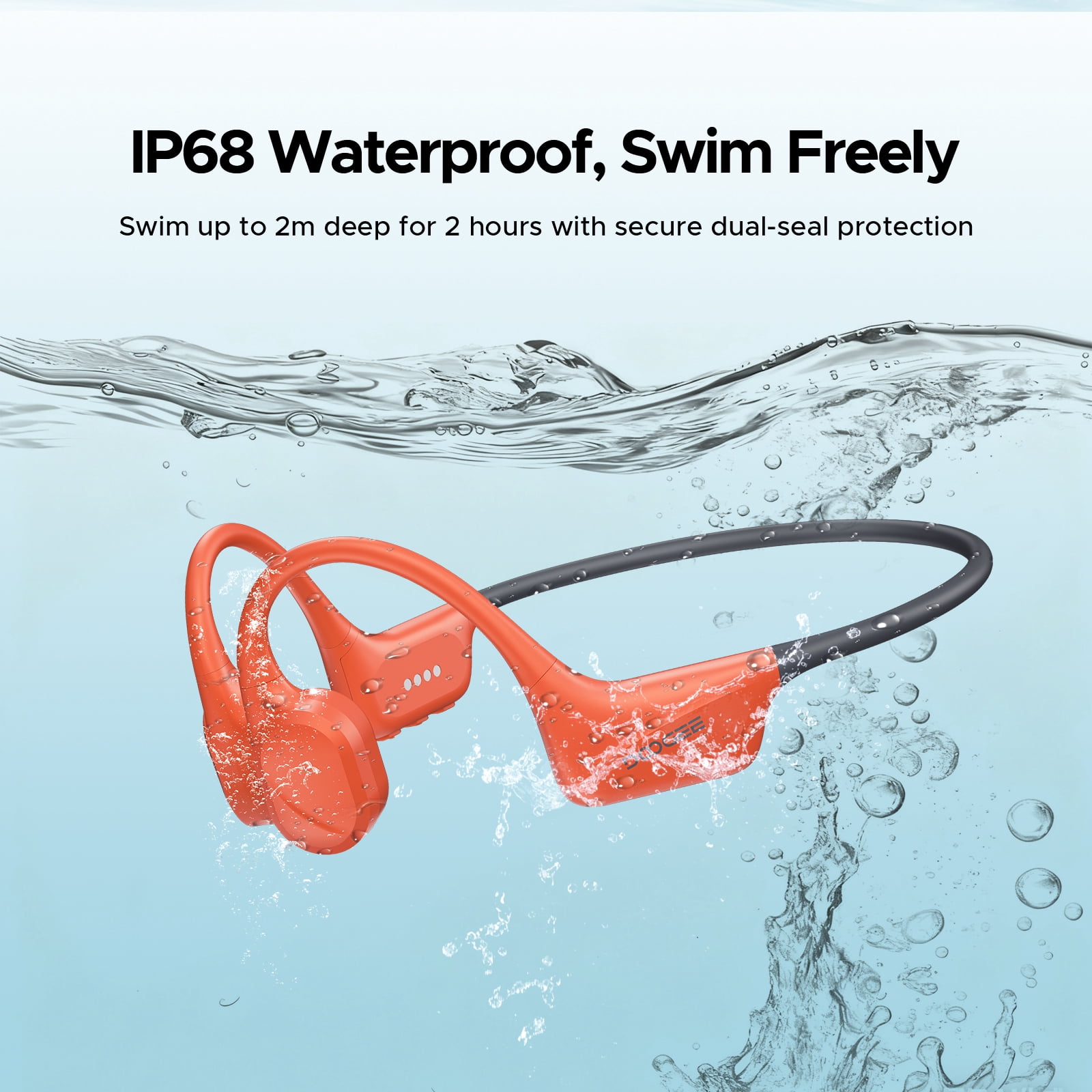 DOOGEE Bone Conduction Headphones, IP68 Waterproof Swimming Headphones Wireless Bluetooth 5.4, Skin Friendly Silicone, 32GB MP3 Mode, Sport Open Earphones for Underwater, Running, Cycling