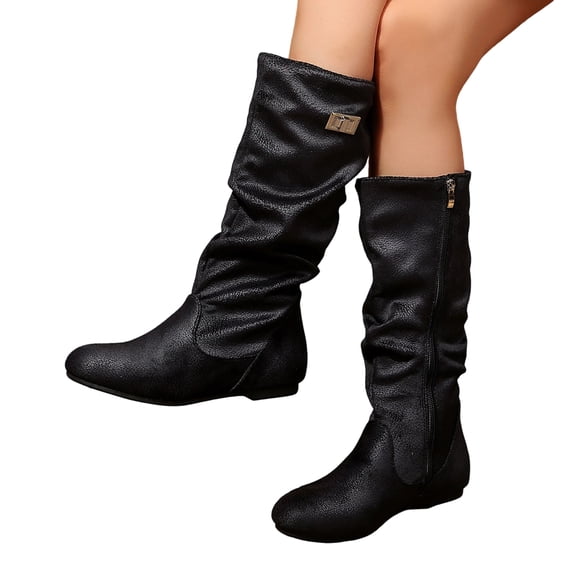 SACFOF Women's Slouchy Mid Calf Flat Boots Faux Suede Slip On Casual Low Heel Boots with Side Zipper