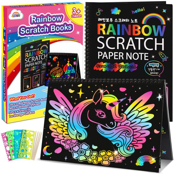 Set de manualidades con papel rascado ZMLM Rainbow Magic, paquete de 2 unidades para niñas