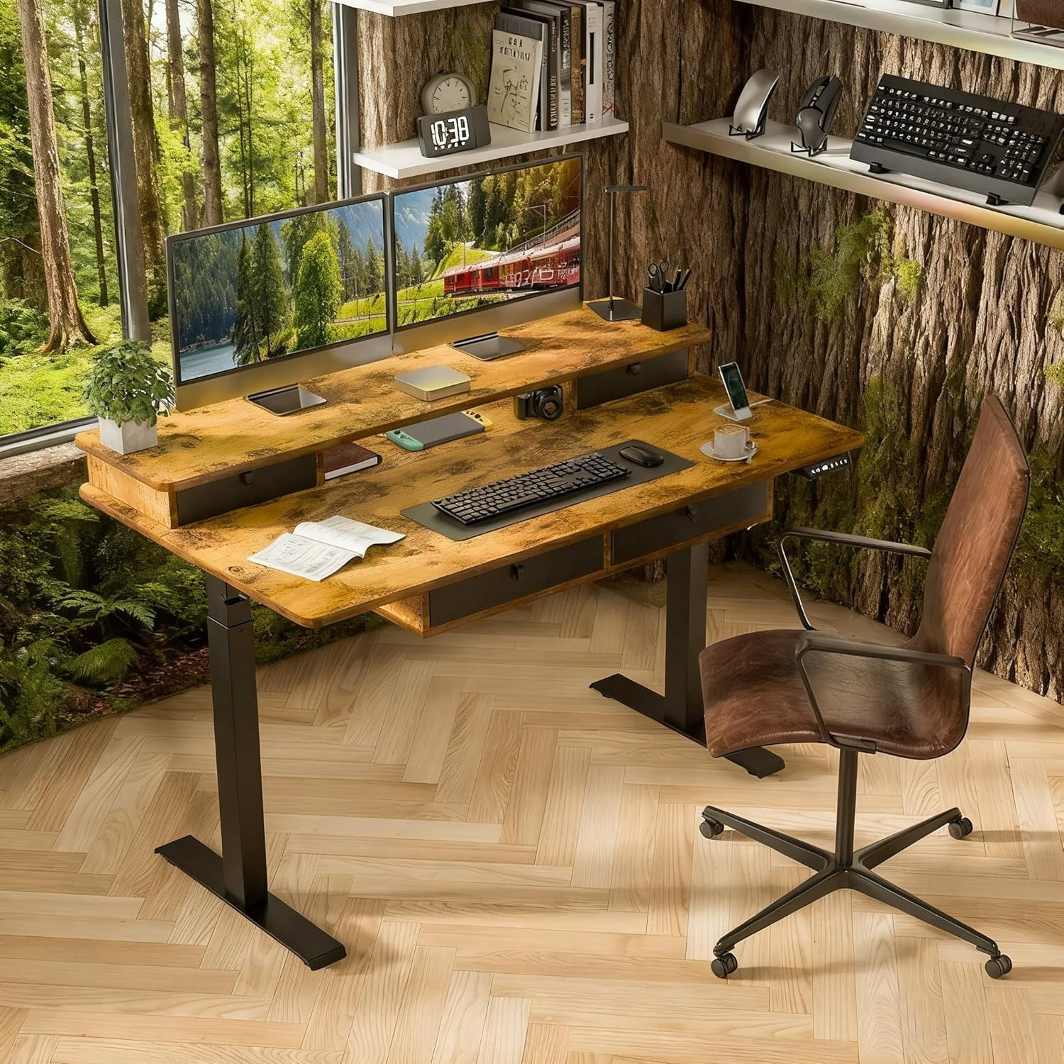 Standing Desk with Fast Charging USB Ports, 48" x 30" Width Worktop Desk, 4 Drawers Ergonomic Sit Stand Desk for Home Office Work, Cable Management, 3 Preset Heights & 2 Hooks(Rustic Brown)