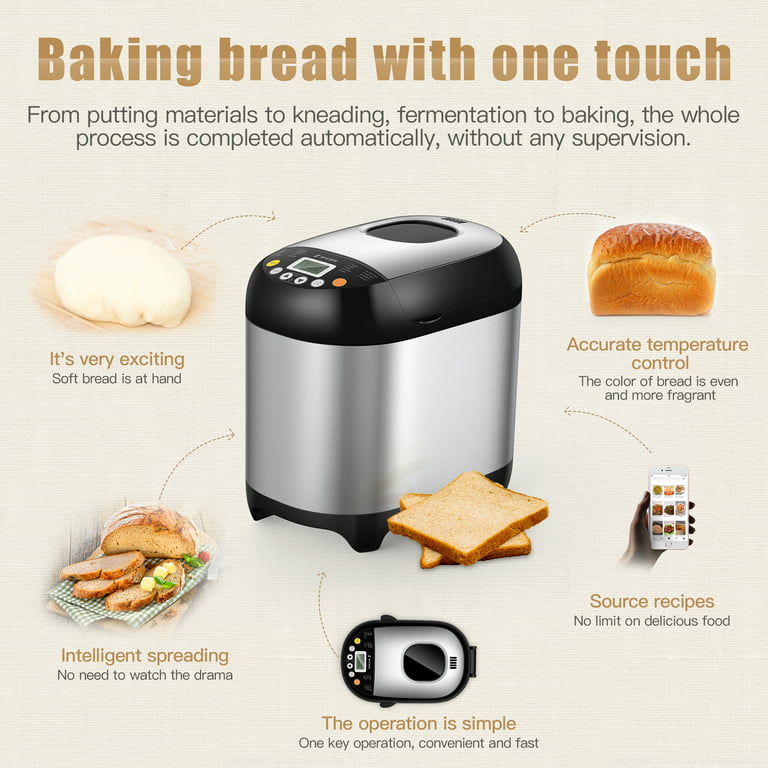 KITCHENARM 19-in-1 Automatic Bread Machine with Recipes - Beginner Friendly  2LB Bread Making Machine Bread Maker Machine with Gluten Free Setting (3  Loaf Sizes, 3 Crust Colors, 15 Hours Delay Timer)