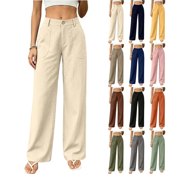 Women's Wide Leg Pants Solid Color High Waist Palazzo Trousers with Pockets Loose Fit Wrinkle Free Pants
