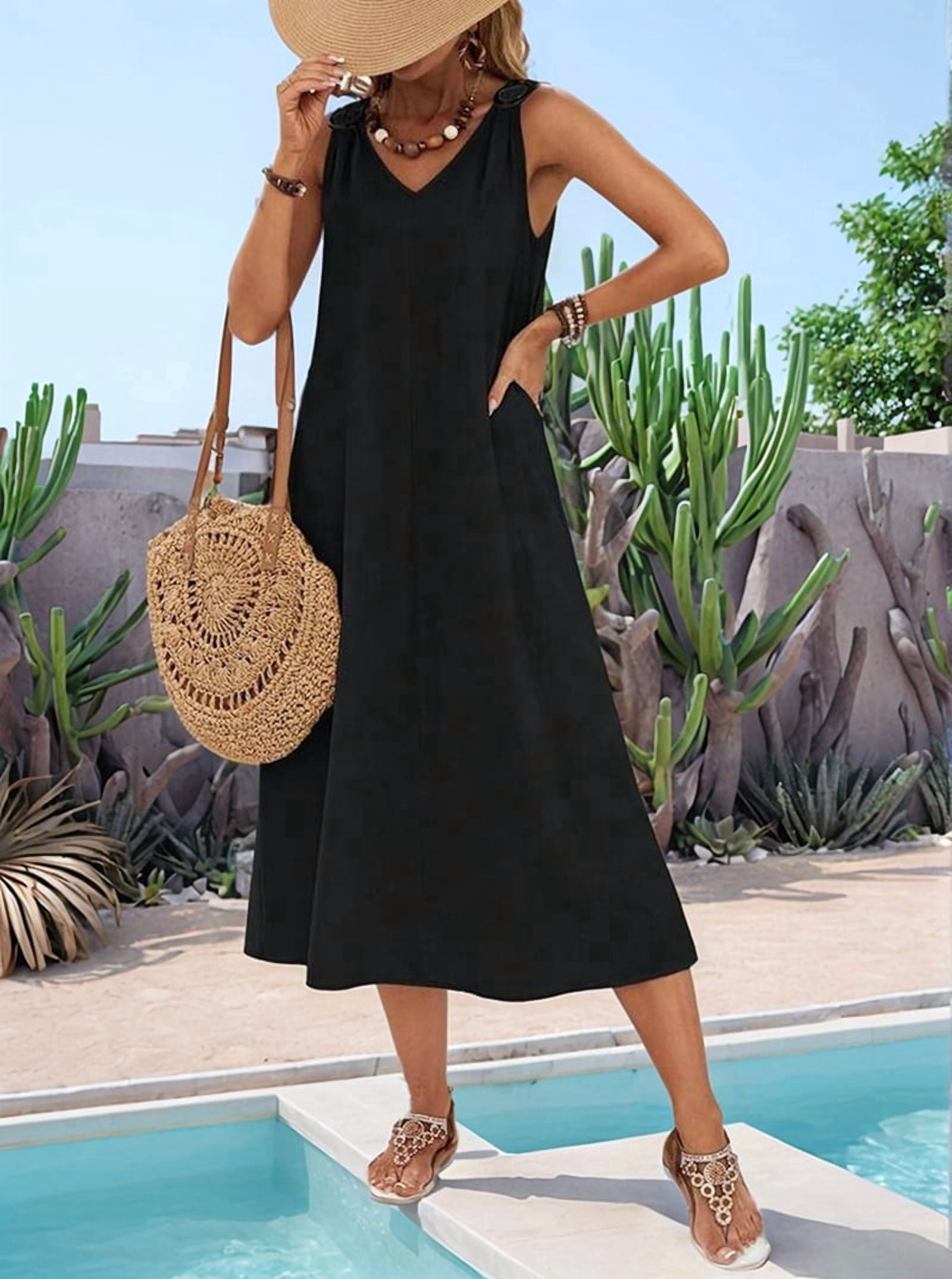 Dresses for Women Spring Summer Sleeveless V Neck Cotton Beach Casual Dress Black S