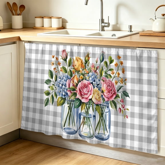 Pink Spring Floral Cabinet Curtain 32"Wx55"L, Dustproof Pantry Door Curtain with Self Adhesive Tape, Flowers Gray Plaid Farmhouse Tall Storage Cover Privacy Drape for Bathroom Kitchen Laundry Room