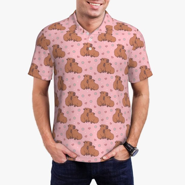 Balery Heart Capybara Camisa Polo de Hombre con Estampado, de Manga Corta y Tejido Medio, Camisa Tipo Golf Polo-X-Large