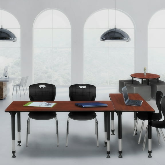 Regency Kee 66" x 24" Height Adjustable Classroom Table - Cherry & 2 Andy 18-in Stack Chairs- Black