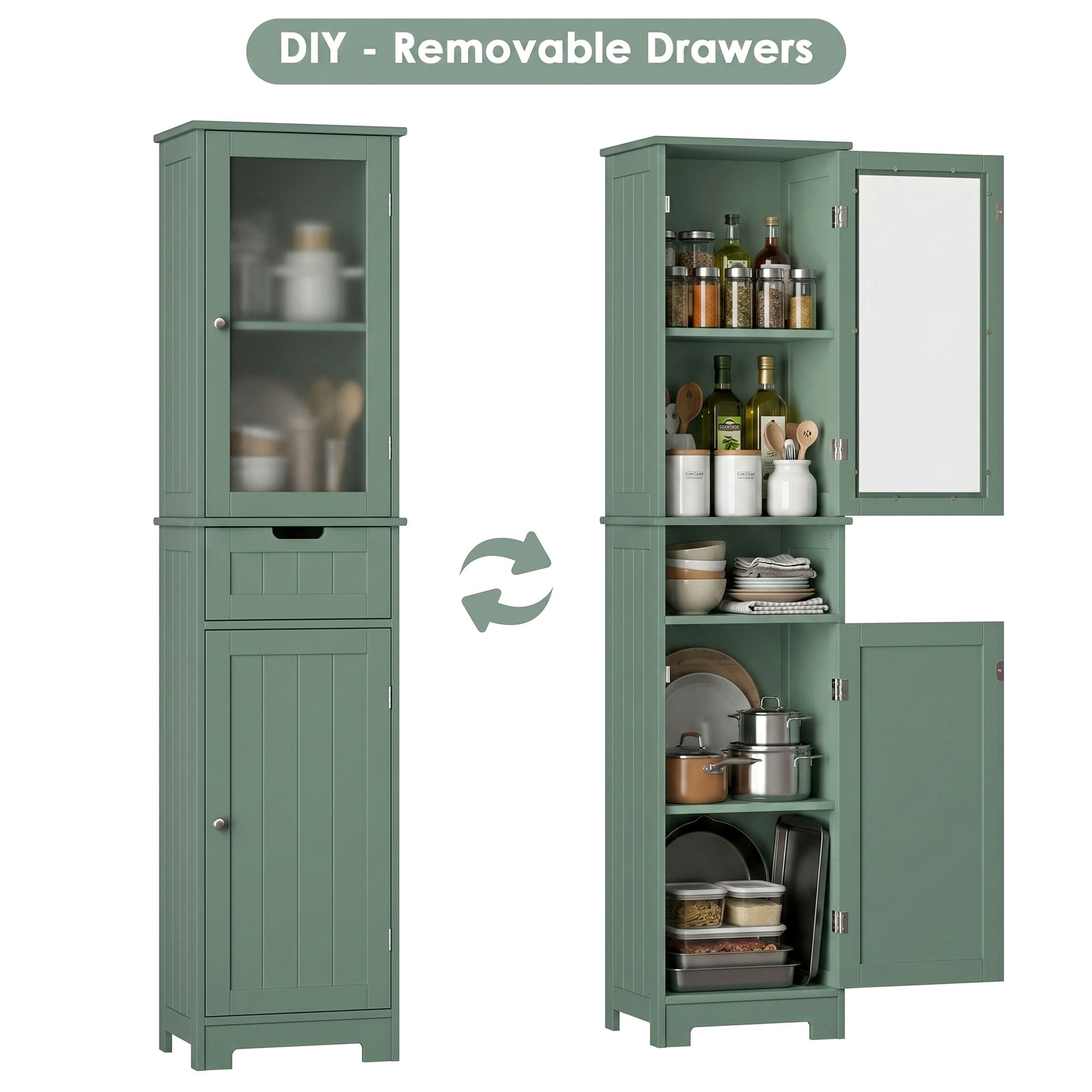 Homfa Narrow Kitchen Pantry Storage Cabinet, 67" Slim Pantry Cabinet with Drawer and Door, Space-Saving Freestanding Storage Cabinet for Small Place, Green
