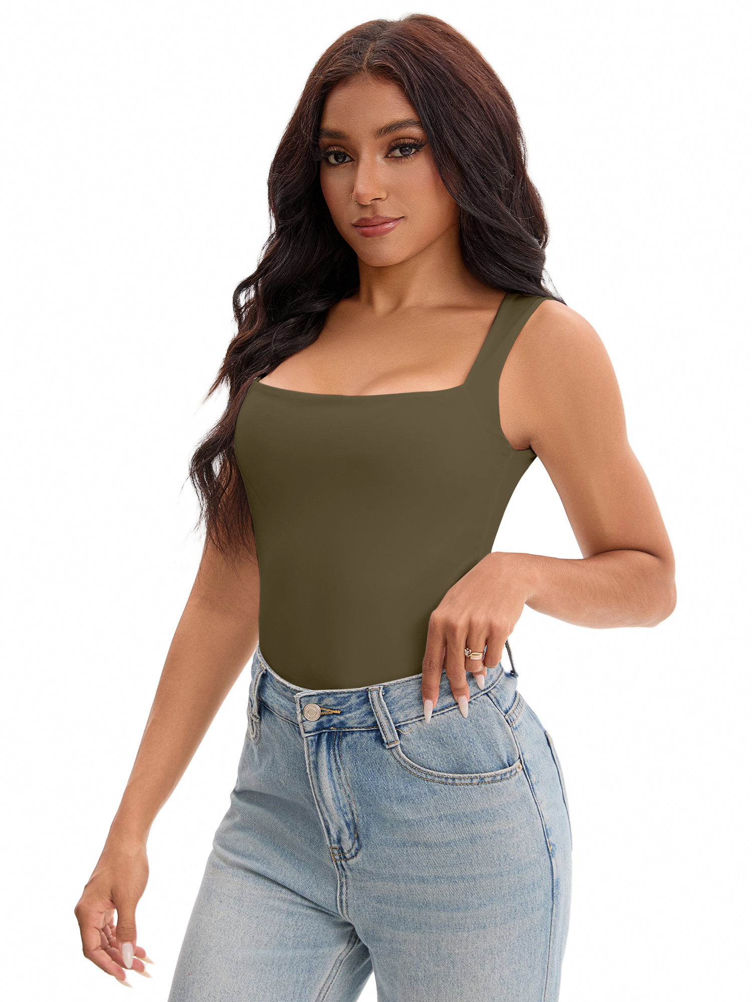 Unique Bargains Square Neck Sleeveless Tank Camisoles M Green