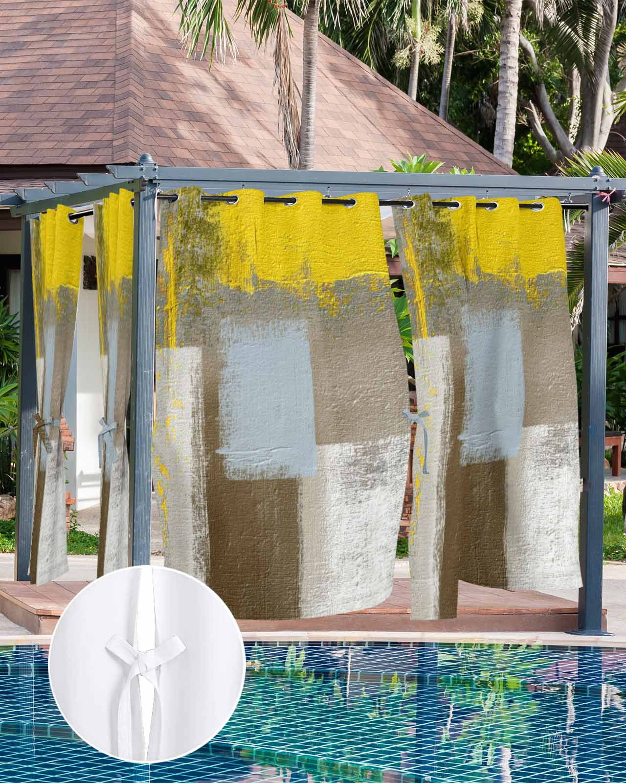 Yellow Brown Outdoor Curtains for Patio, Abstract Blue White Vintage Oil Painting Privacy Drapes Grommet Waterproof Outside Curtains for Porch/Cabana/Balcony 54"x 108", 1 Panel