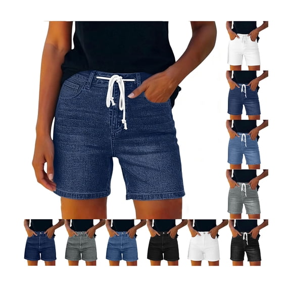Jean Shorts for Women Stretchy Elastic Waist Jean Shorts Casual Lightweight Pull On Denim Short Travel Clothing