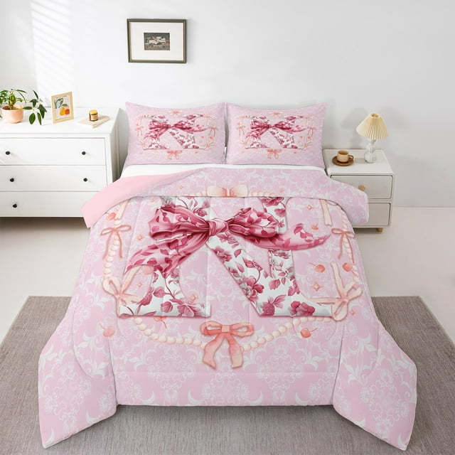 Erosebridal Letter Personalized Comforter Sets Queen Size,Bowknot Flower Bedding Queen Comforter Set,Pink Red Comforters & Duvets,Lightweight Initial Room Decoration,Reversible,3-Piece