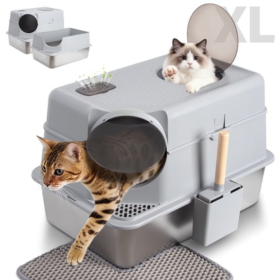 Nyutu Extra Large Cat Litter Box Set, High-Sided,XLarge Metal Litter Box with Scoop and Mat,Gray,Stainless Steel Litter Box.