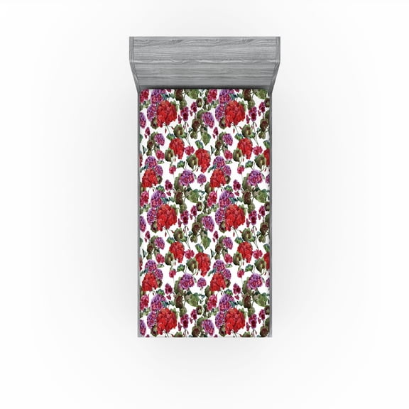 Ambesonne Vintage Fitted Sheet, Watercolor Geranium Flowers, Twin Size, Peacock Green Raspberry