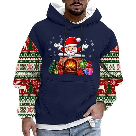 Cavosen Christmas Comfortable Hoodie for Man Big and Tall Long Sleeve Loose Hoodie Santa Graphic Stretch Drawstring Sweatshirt Outdoor Tops