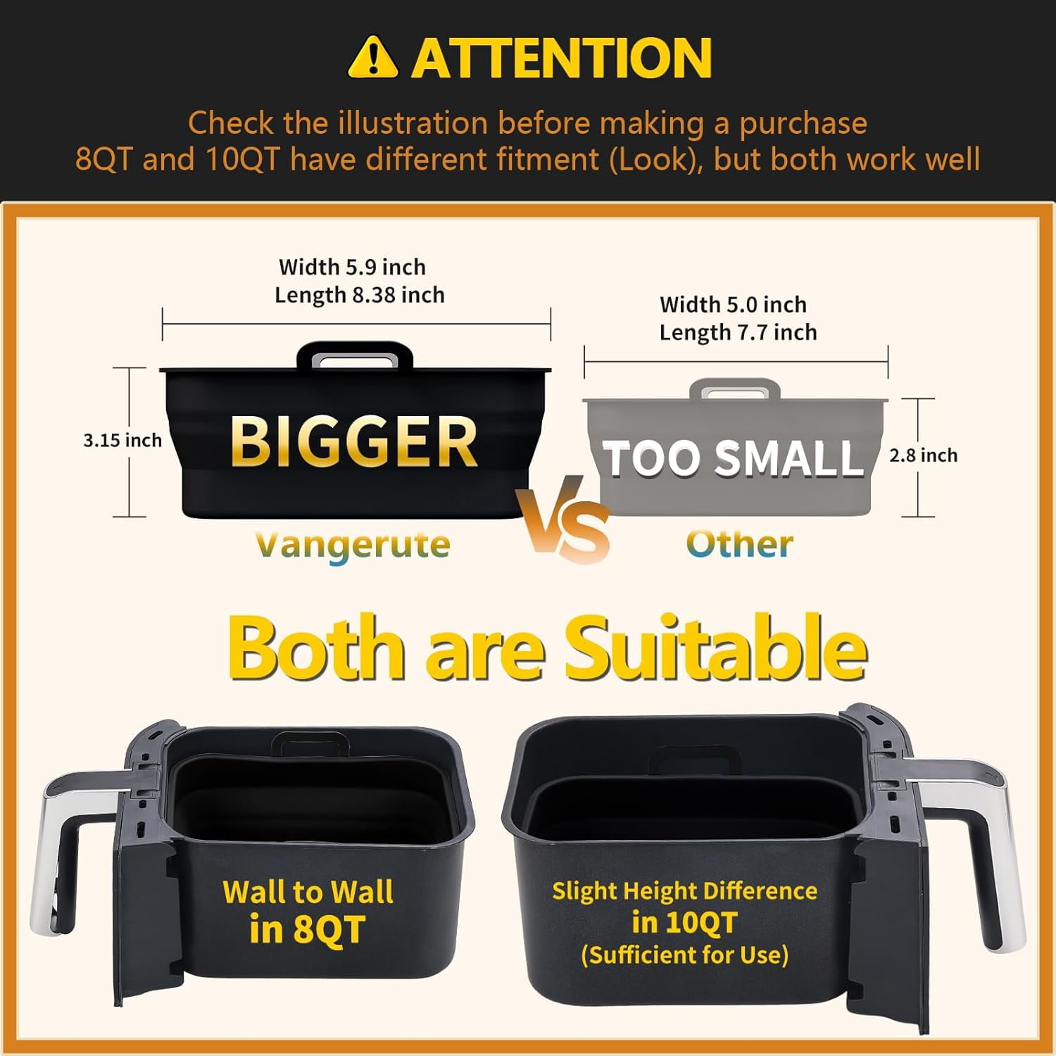 JJEAN-Collapsible 2-Pack Air Fryer Silicone Liners for 8QT & 10QT NINJA Foodi Dual, Reusable Rectangular Silicone Basket Pot for Air Fryer Accessories (Black)
