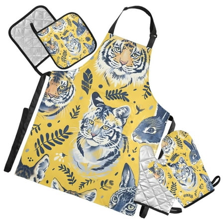 Cute Rabbit Tiger and Leaves 5 Pcs Kitchen Set Heat Resistant Oven Mitts and Non-Slip Pot Holders with Adjustable Cooking Apron