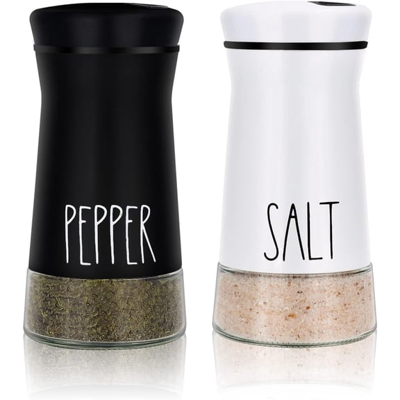 Glass Salt and Pepper Shaker Set with Black & White Lid, Refillable Kitchen Seasoning Dispensers, 2-Pack