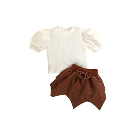 

Kids Little Girls Summer 2Pcs Leather Skirt Suit White Short Puff Sleeves Rib-Knitted Tops and Brown Irregular Faux Leather Skirt