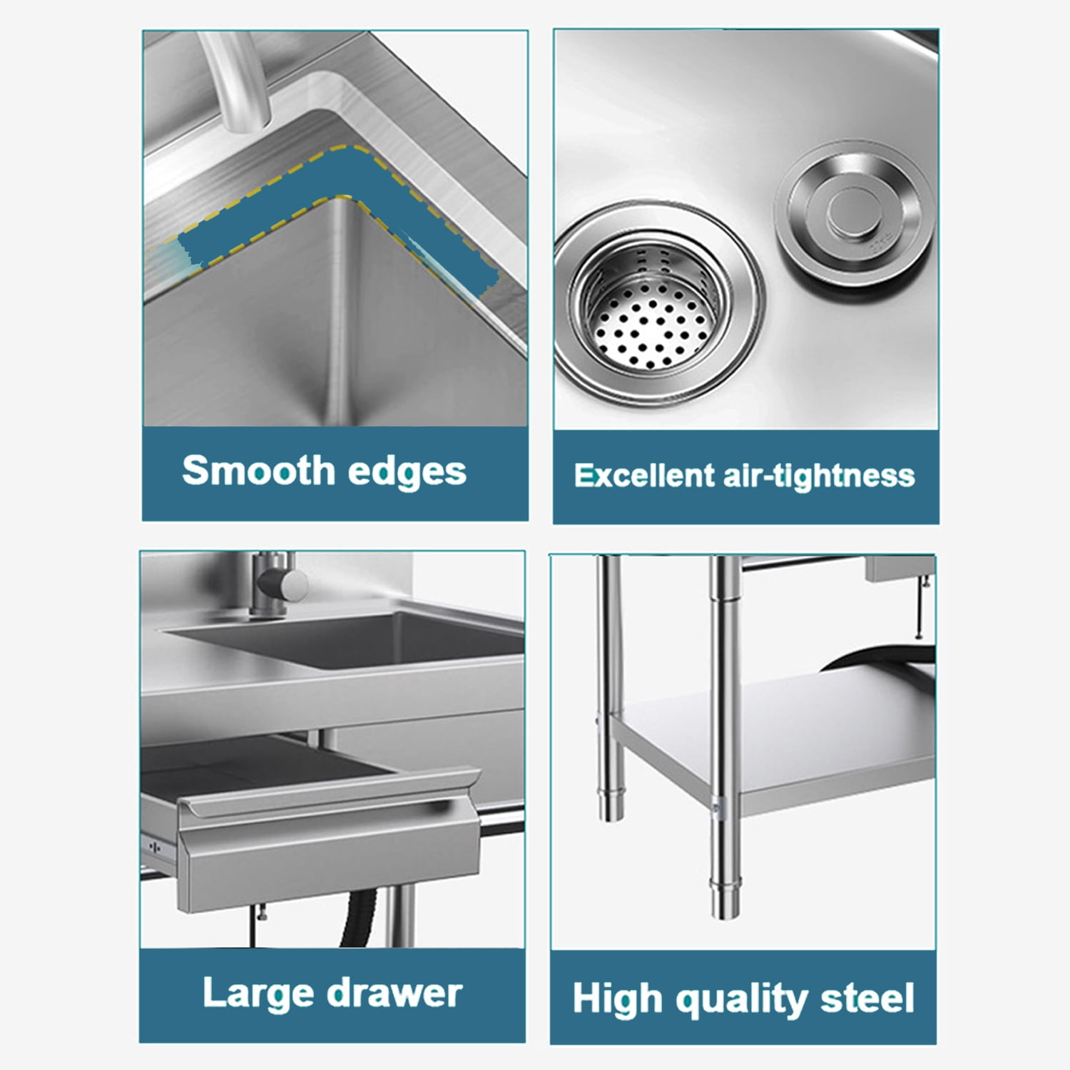 Stainless Steel Utility Sink Commercial Kitchen Sink 40'' Free Standing Tool Sink with Drawer & Cold and Hot Water Pipe for Kitchen Laundry Room Depot Indoor and Outdoor