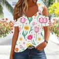 thumbnail image 6 of Stamzod Women's Floral Tops Summer V Neck Cold Shoulder Short Sleeve Pullover Blouses Loungewear Casual Loose Fit Vacation Beach Shirts for Women Pink M, 6 of 6