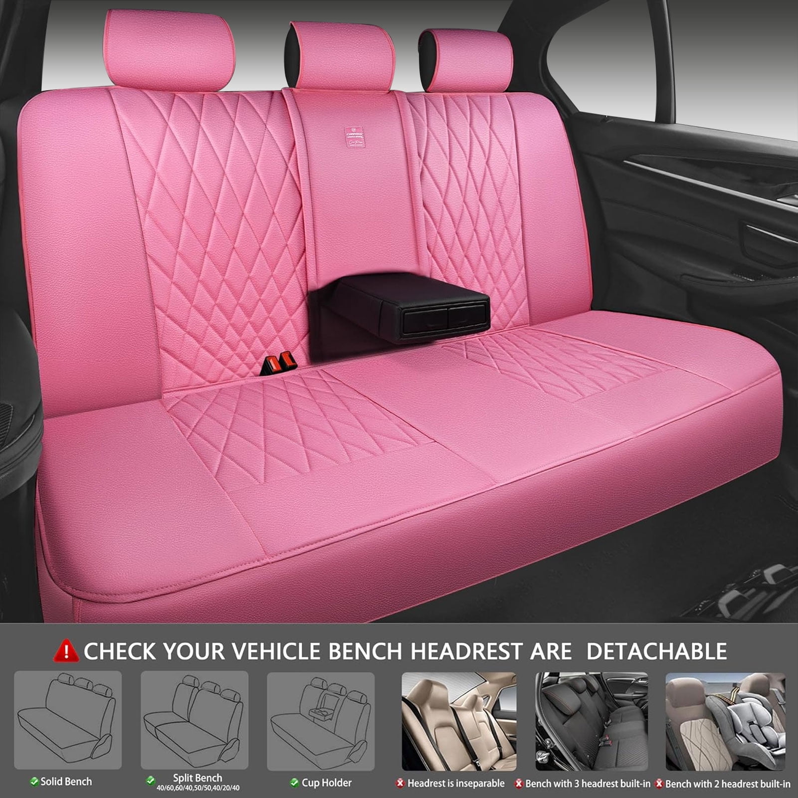 CAR GRAND Piping Luxury Faux PU leather Full Set Car Seat Covers Water Proof Armrest Airbag Compatible Universal Fit SUV VAN Truck All Pink
