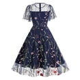 thumbnail image 3 of IBTOM CASTLE Women Vintage Dress 1950s Sleeveless Mesh Patchwork Cocktail Swing Dress Floral Embroidery Flare A-Line Dress Wedding Guest Evening Prom Gown XL Navy Blue Ruffle, 3 of 8